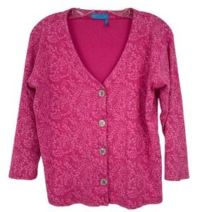FRESH PRODUCE Floral Button Top Pink 3/4 Sleeve Stretch Ribbed Womens L